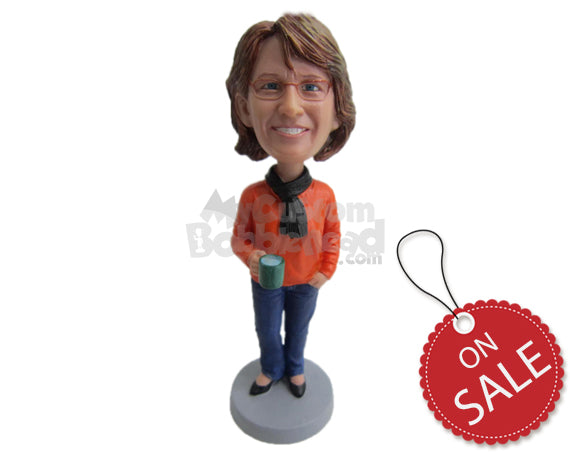 Custom Bobblehead Lovely Lady In Latest Fashion With A Cup In Hand And Scarf Around Her Neck - Leisure & Casual Casual Females Personalized Bobblehead & Cake Topper Custom Bobblehead Lovely Lady In Latest Fashion With A Cup In Hand And Scarf Around Her Neck - Leisure & Casual Casual Females Personalized Bobblehead & Cake Topper